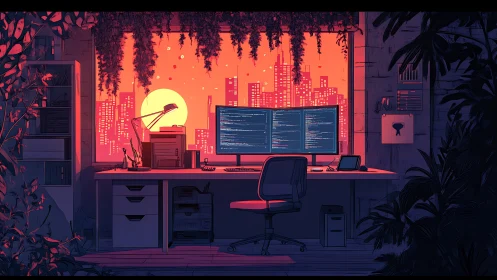 Code and ivy share twilight as neon city hums beyond