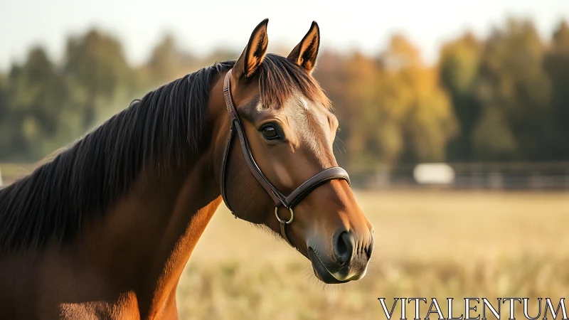 Bay horse portrait under warm evening pasture light.