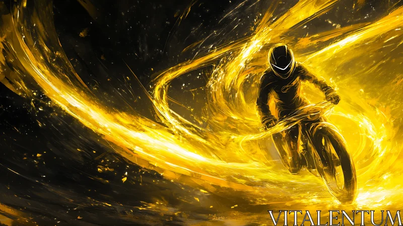 Cyclist in Motion Against Glowing Golden Light Trails.
