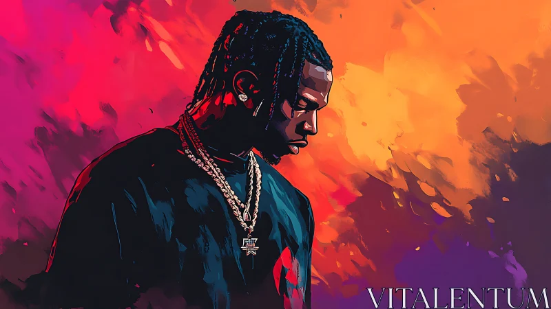 Contemplative hip-hop figure set in vibrant neon clouds.