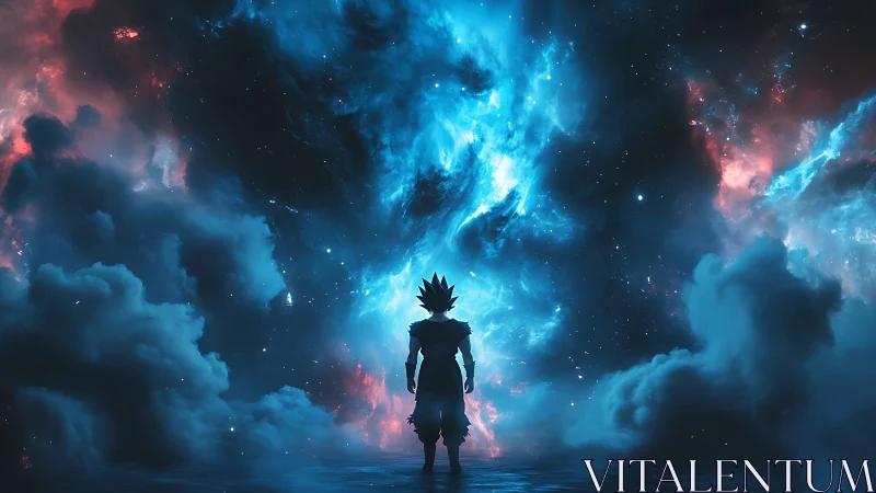 Silhouetted warrior studies energetically lit nebular cloud rift