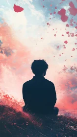 Solitary silhouette beneath drifting rose petals at dusk.