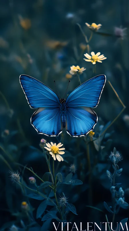 Bright blue butterfly resting on small yellow wildflowers.
