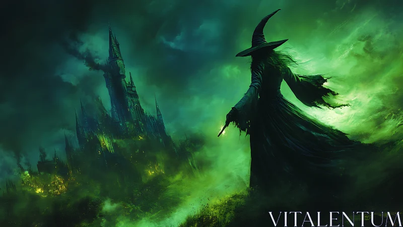 Witch silhouette overlooking cursed citadel in toxic green storm