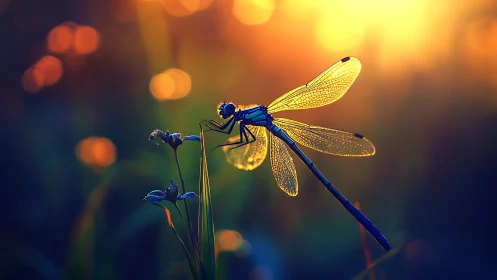 Dragonfly perched on grass in vivid sunset backlight.