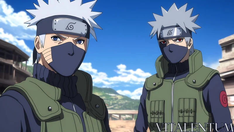 Dual masked shinobi operatives in tactical village landscape.