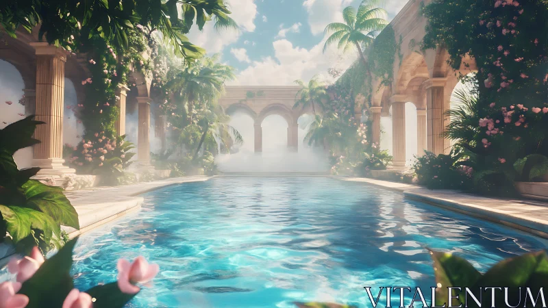 Sunlit garden pool welcomes you into a dreamy retreat