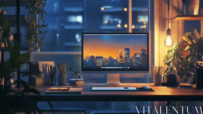 Computer workstation overlooks cityscape through large window