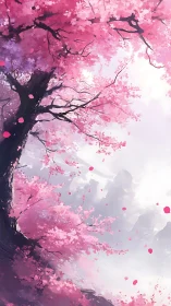 Cherry blossom canopy over bright drifting clouds.