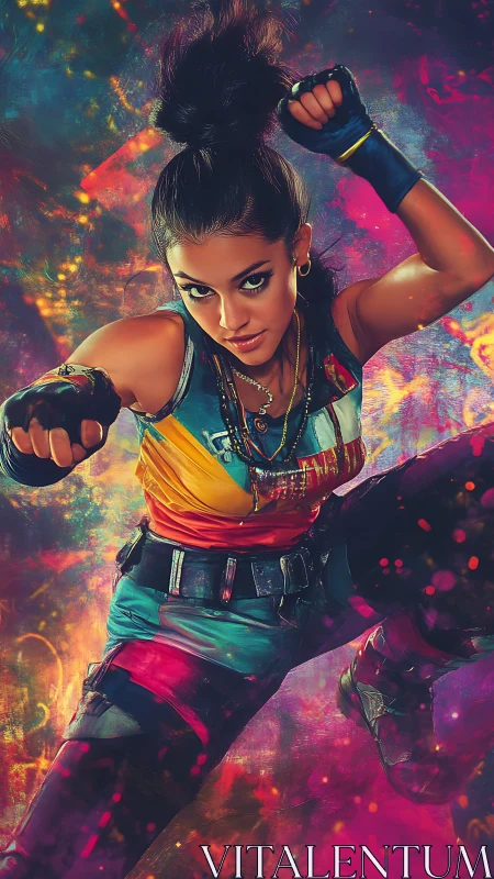 Neon street fighter leaps through explosive cyber color field.