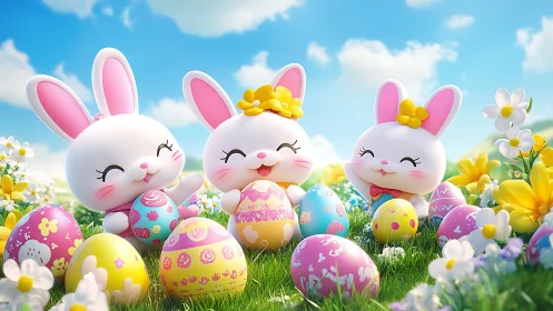 Cartoon rabbits with decorated Easter eggs in flower field.