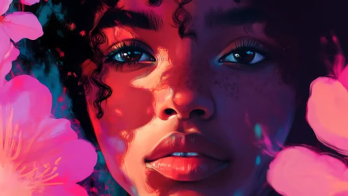 Vibrant digital portrait shows freckled woman amid neon blooms