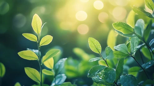 Sunlit Fresh Green Leaves with Dew in Soft Focus Nature Style.