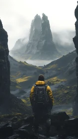 Lone trekker gazes at towering mist-forged stone spires.