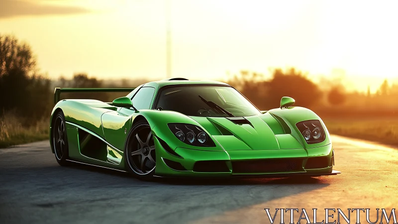 Green supercar on open road at golden sunset glow.