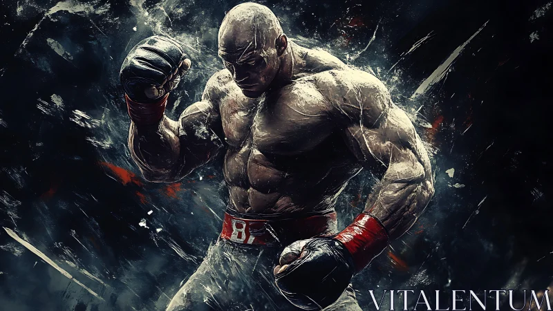 Monumental Fighter in Dynamic Combat Stance Against Dark Abstraction