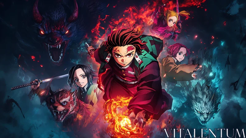 Flame-wreathed anime swordsman versus demonic spectral beasts.