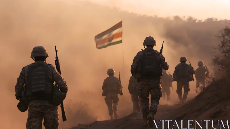 Soldiers advance through dusty terrain under national flag