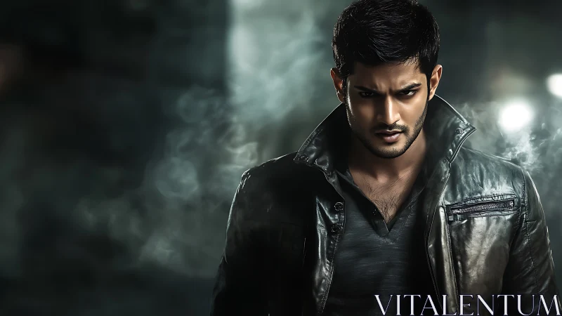 Brooding man in leather jacket against smoky dark background.