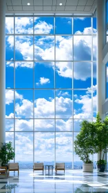 Corporate lobby interior with large glazed window wall.