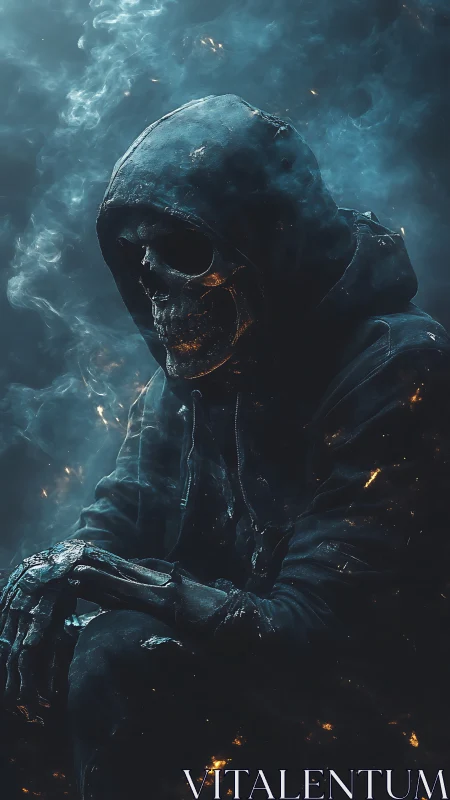 Hooded ember-skulled wanderer waits inside blue smoke