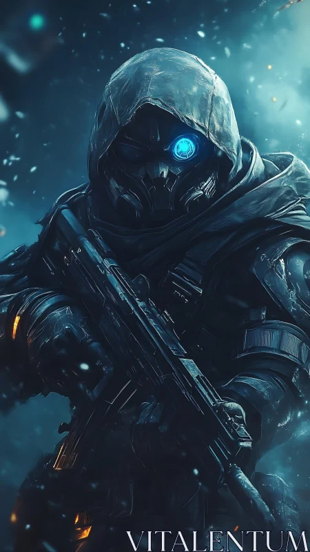 Cybernetic assassin advances through a stormlit frozen battlefield