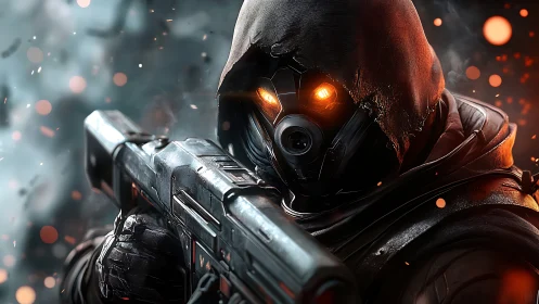 Hooded sci fi sniper aims rifle through ember storm.