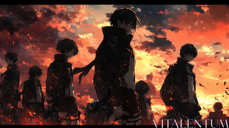 Ember-lit soldiers stride forward beneath a burning sky