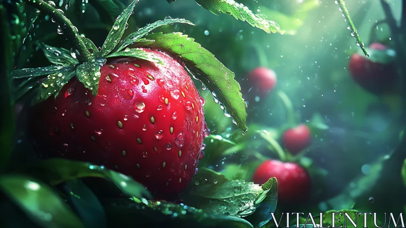 Strawberry jewel glistens in dewlit garden haze.