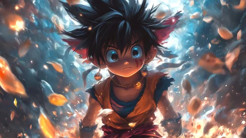 Storm-eyed kid warrior strides through swirling ember leaves