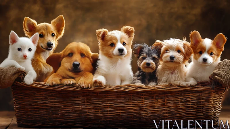 Cozy basket crowd of puppies and kitten share gentle warmth