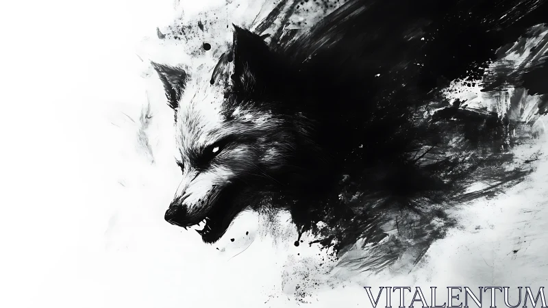 Ferocious ink-splattered wolf head erupts from darkness.