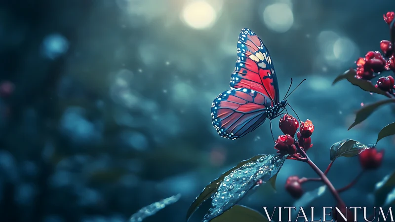 Moonlit garden moment with a luminous red-blue butterfly.