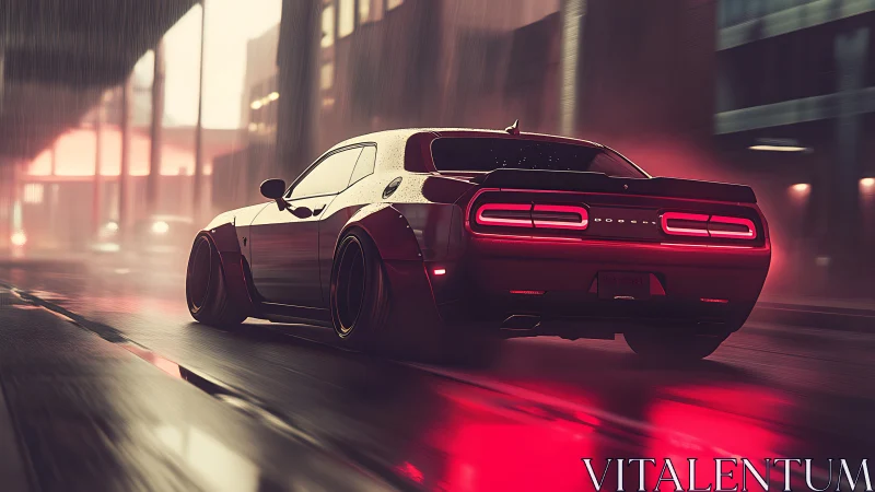 Rear-wheel muscle car accelerates through neon-lit rain-soaked street