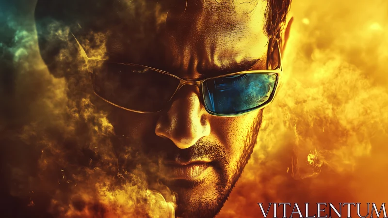 Male face with blue glasses surrounded by colored smoke.