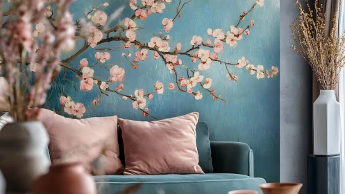 Pastel sofa set against large cherry blossom mural with painterly texture