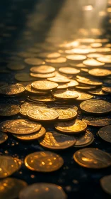 Golden coins under cinematic sunbeams on dark ground.