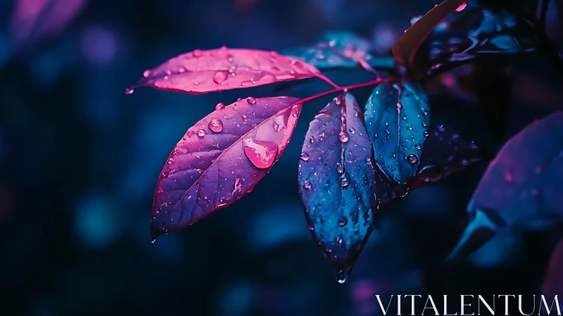 Neon-lit raindrops shimmer across vivid magenta and blue leaves.