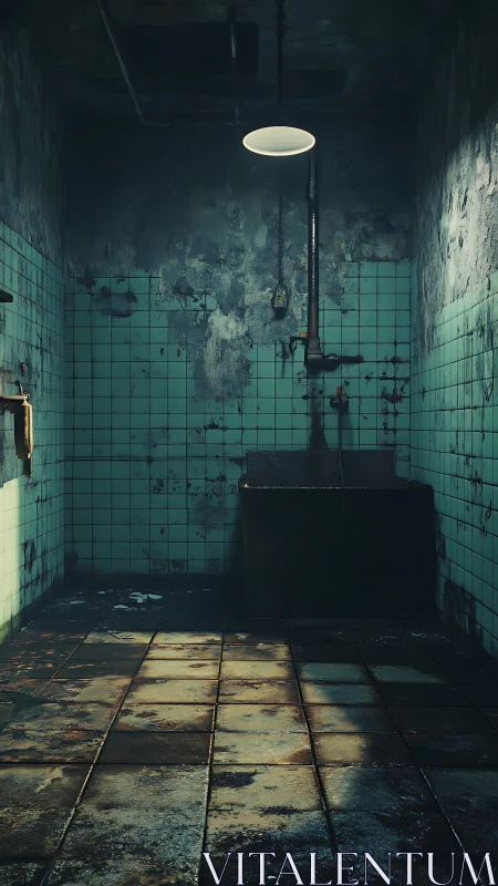 Moody tiled washroom glowing under a single soft light.