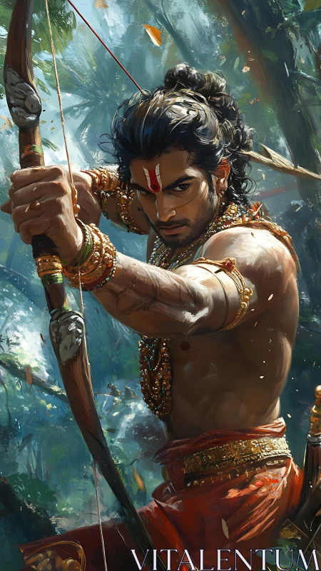 Warrior archer in forest setting with drawn bow ready to fire.