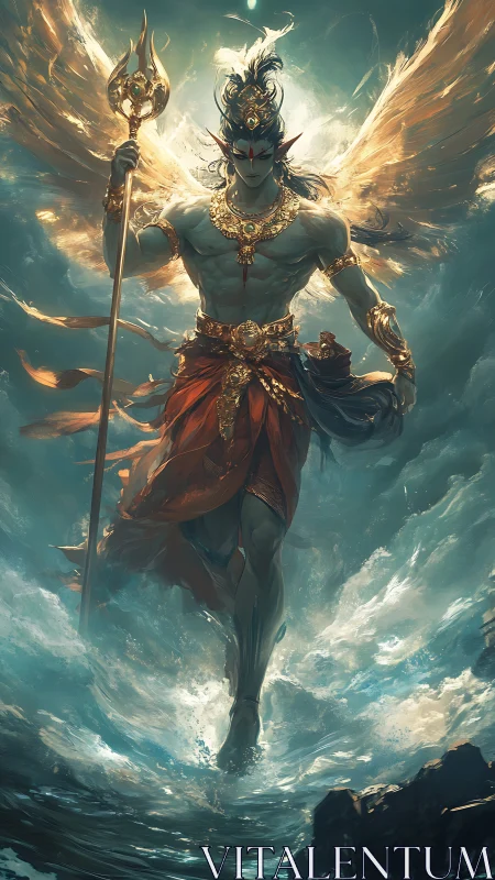 Winged sea guardian strides through swirling stormlight.