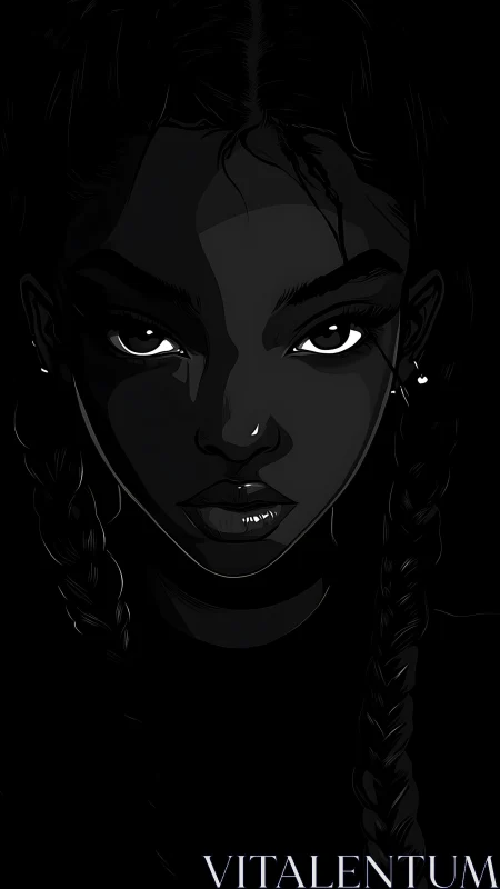 Intense braided portrait emerges from deep black shadows.