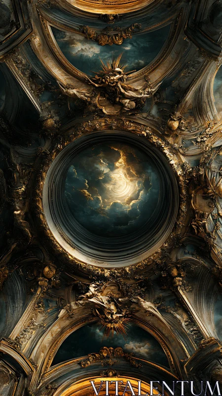 Ornate domed ceiling with celestial sky and golden reliefs.