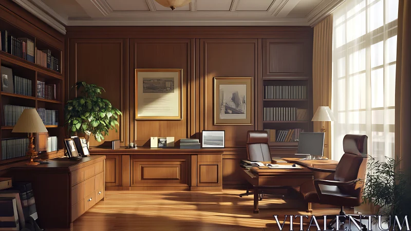 Sunlit executive office with classic wood paneling design.
