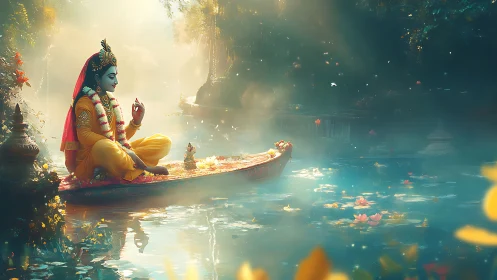 Figure sits in decorated boat on misty lotus-covered water