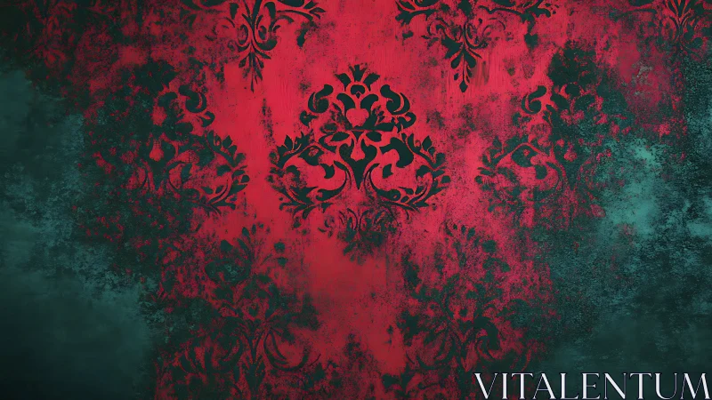 Grunge damask pattern fades into teal textured shadows.