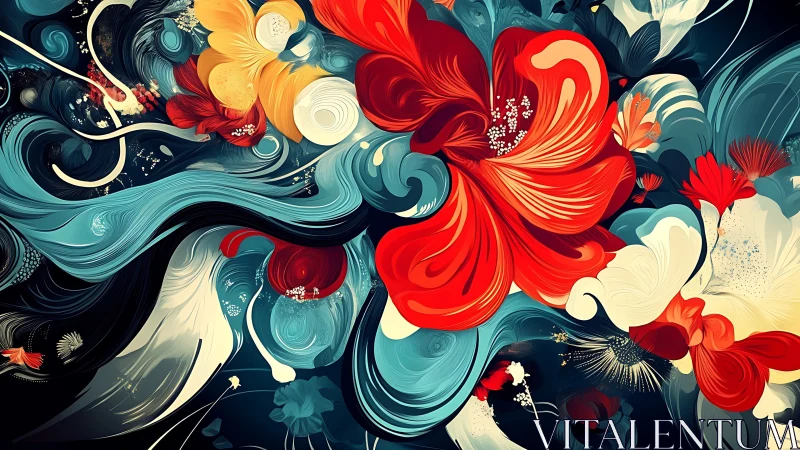 Abstract floral composition with swirling layered forms.