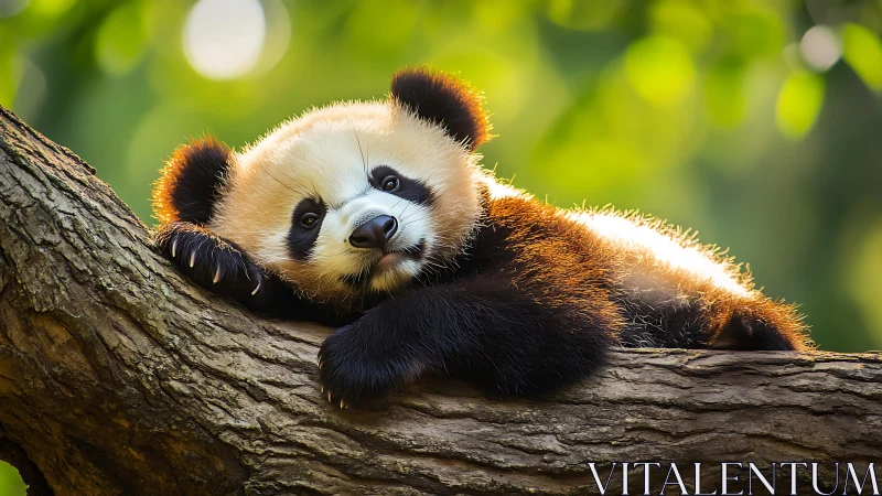 Red panda resting on tree branch in soft daylight.