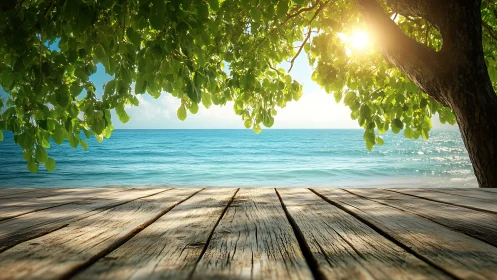 Sunlit coastal terrace frames tranquil turquoise ocean horizon