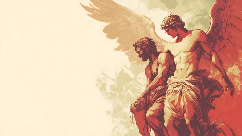 Winged male figure supports wounded companion in stylized duotone